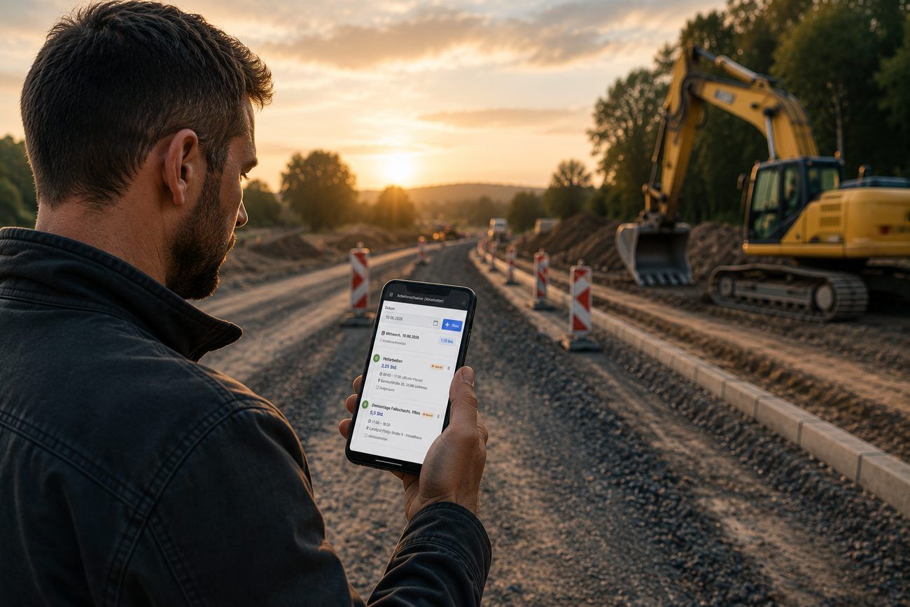 Mitarbeiter erfasst seine Arbeitszeit mobil in der hpo Bau App auf der Baustelle