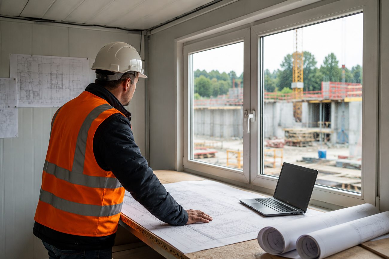 Bauleiter prüft im Baucontainer den Plan, durchs Fenster ist die Baustelle zu sehen