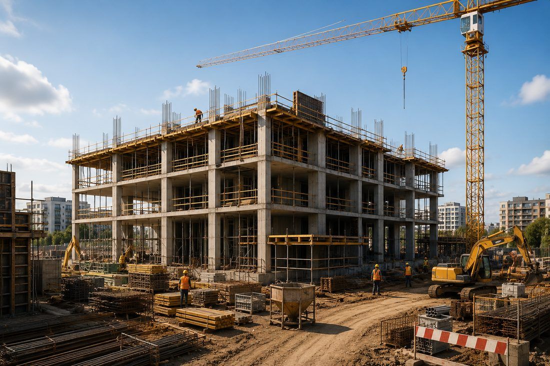 Baustelle mit Rohbau, an dem ein Gerüst steht
