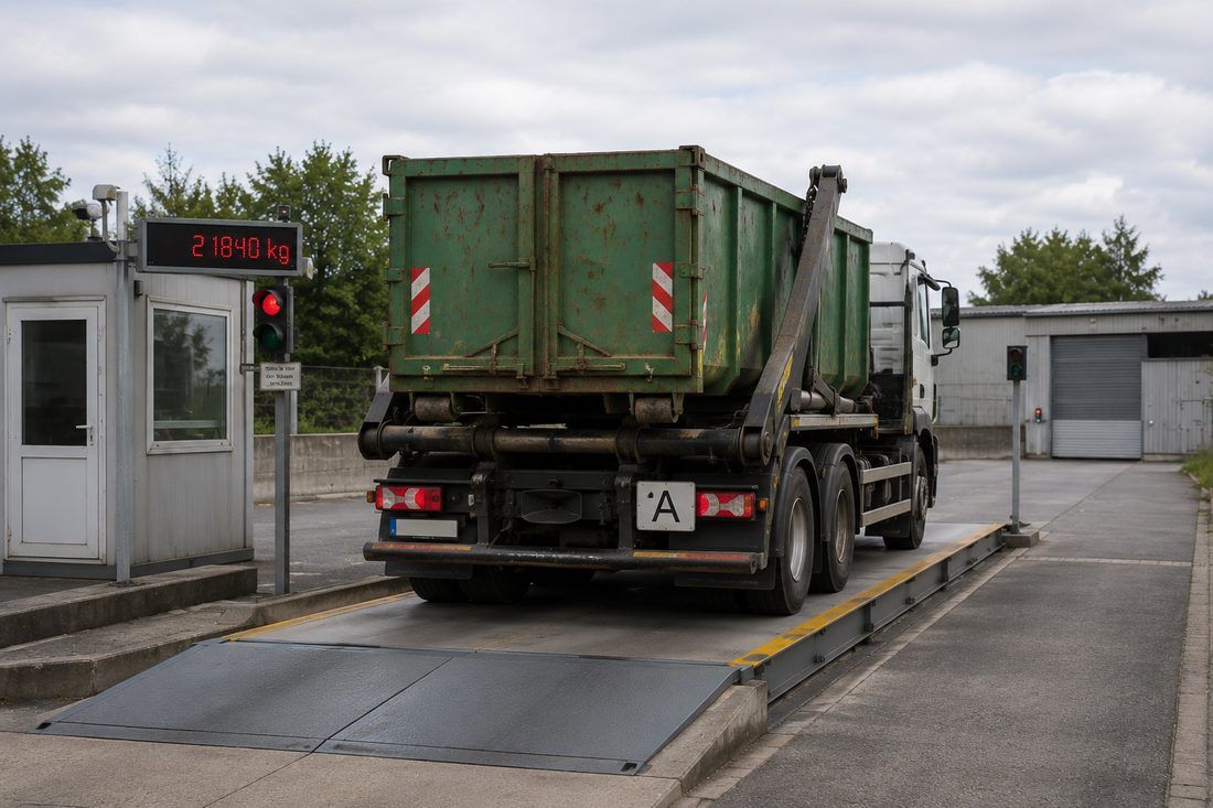 Containerfahrzeug wird an der Fahrzeugwaage verwogen und dokumentiert