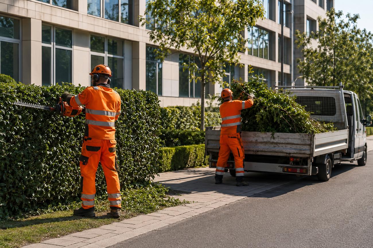 Zwei Landschaftsgärtner schneiden eine Hecke und laden Grünschnitt auf den Pritschenwagen
