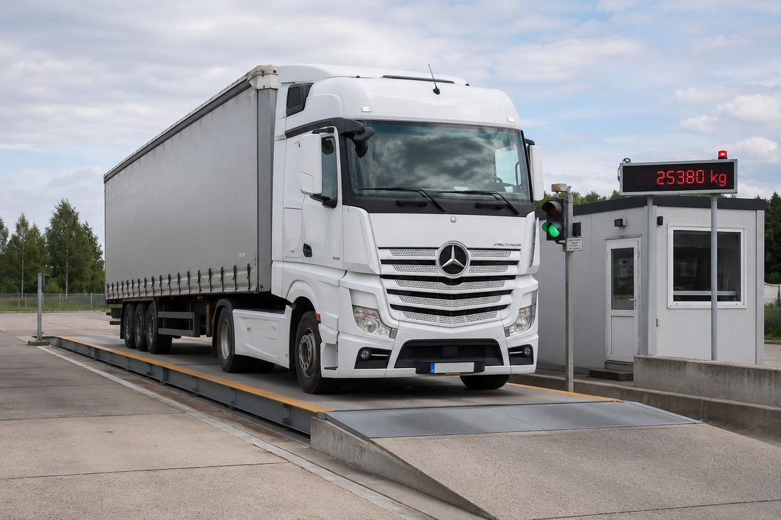 LKW auf der Fahrzeugwaage im Kieswerk mit Anzeige und Ampelsteuerung