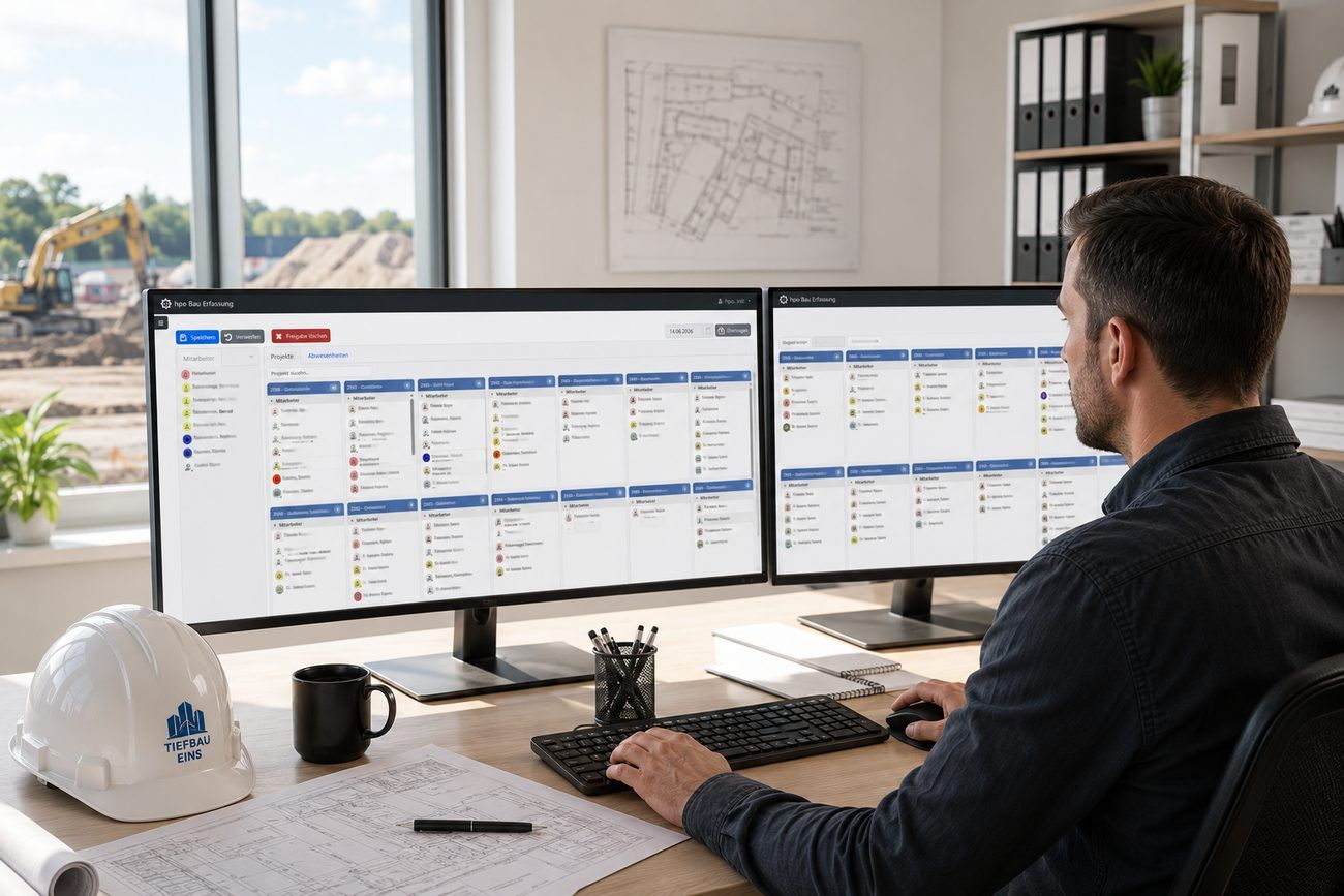 Auswertungen in hpo Bau auf zwei Monitoren