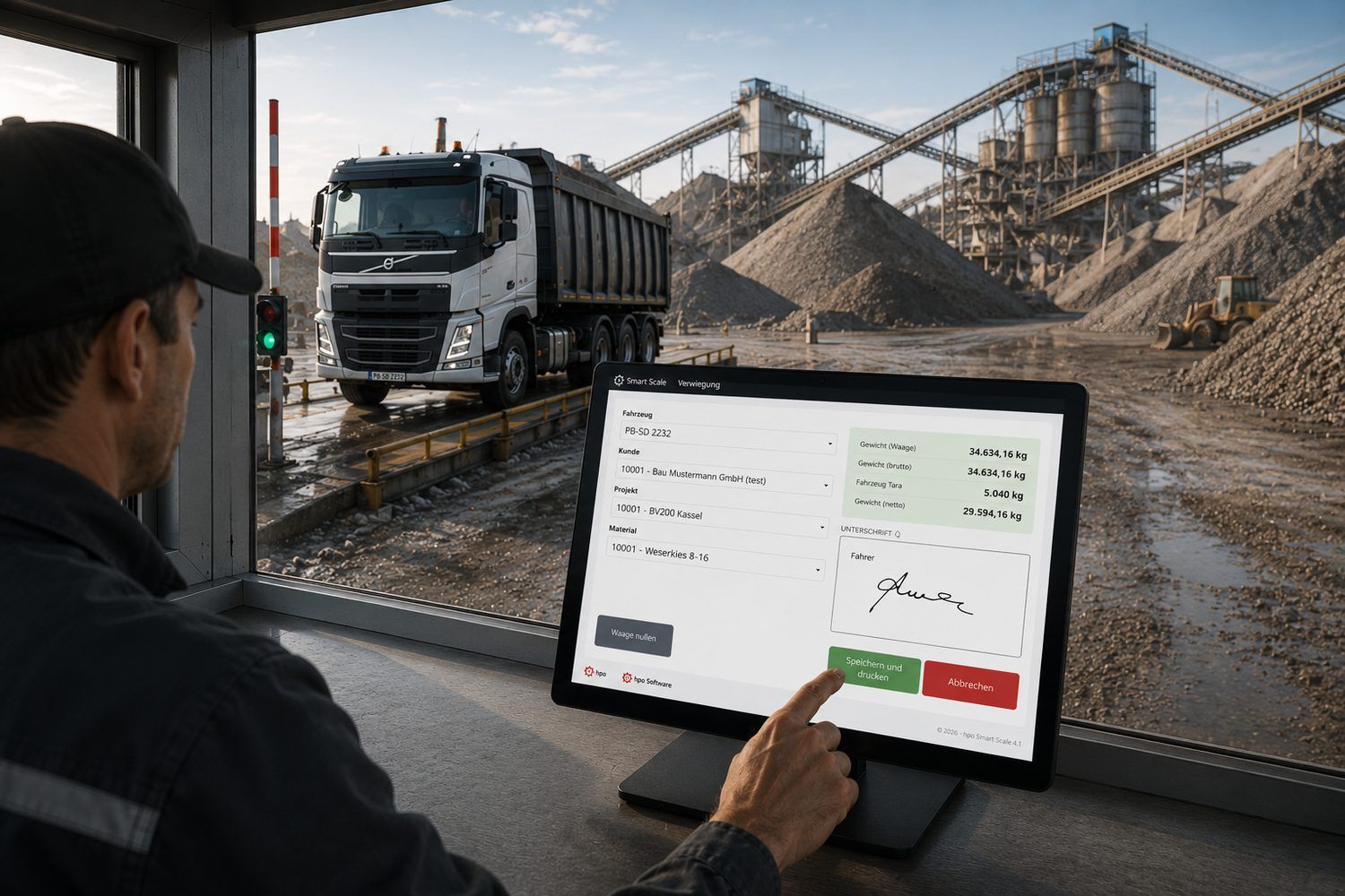 Waagemeister erfasst eine Verwiegung in hpo Smart Scale, im Hintergrund ein LKW auf der Fahrzeugwaage