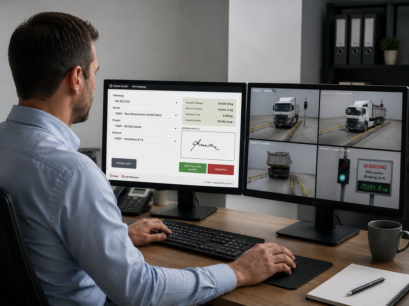 Arbeitsplatz mit hpo Smart Scale und Kamerabild der Waage auf zwei Monitoren