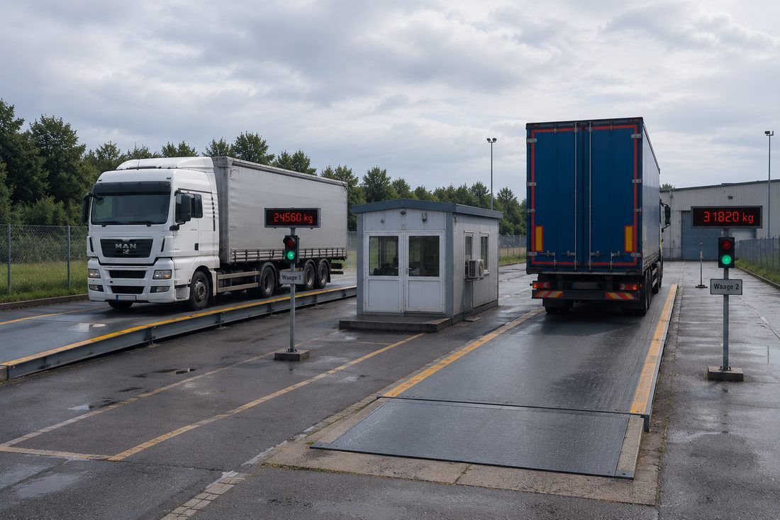 Zwei Fahrzeugwaagen mit Anzeigetafeln und Ampelsteuerung an einem Standort